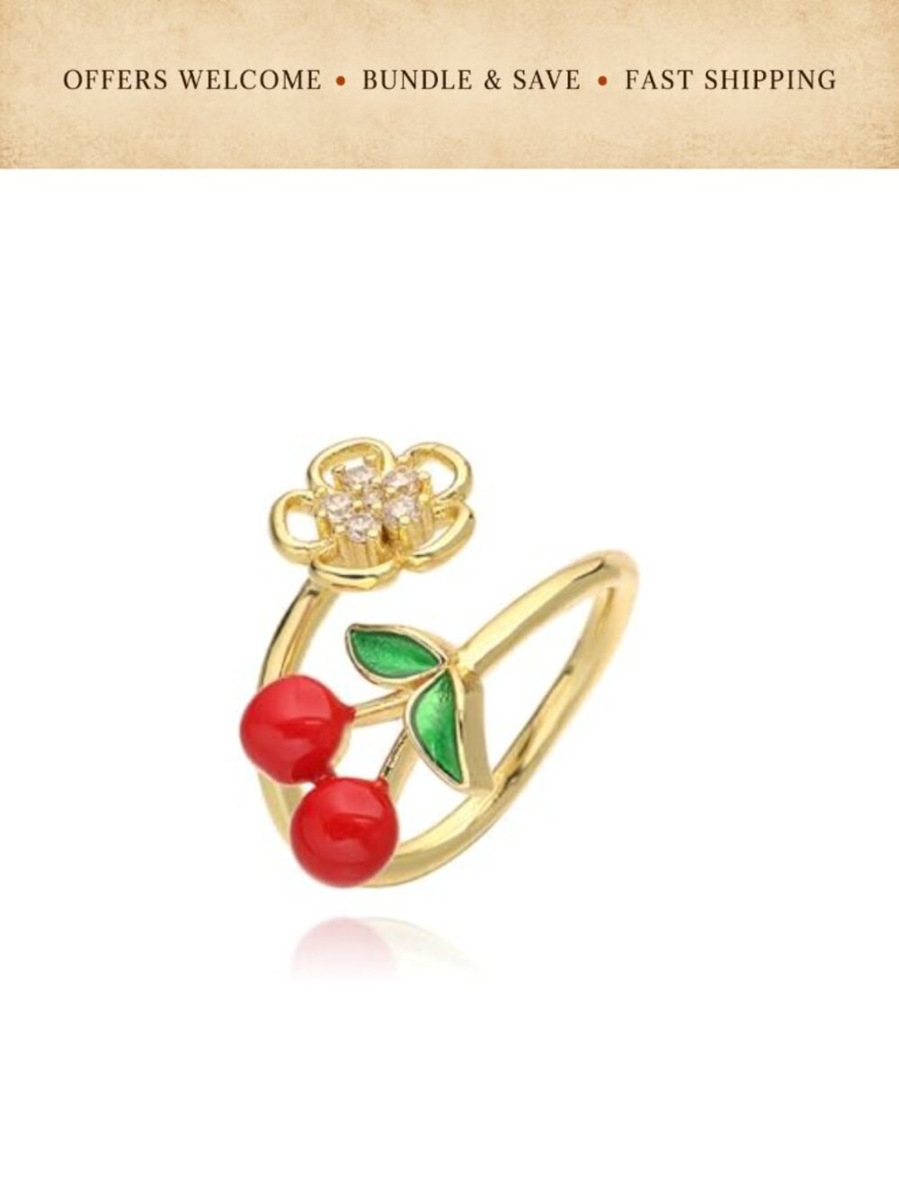 14k Gold Plated Open Ring with Red Enamel Cherries and CZ Flower